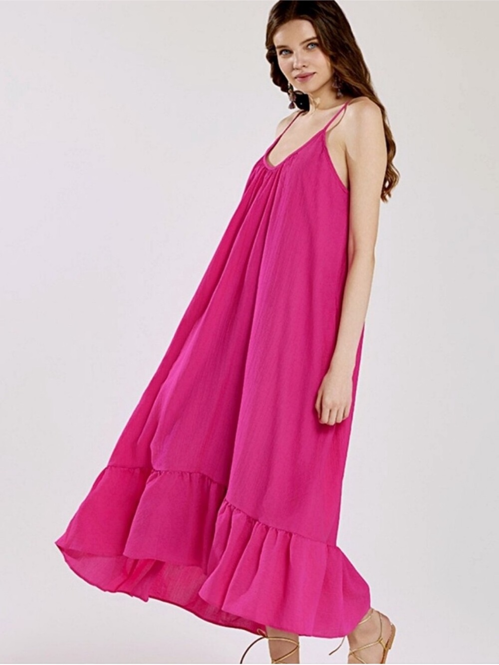 Fuchsia Pink Relaxed Resort Maxi Dress Ruffle Hem Spaghetti-Strap Size Large NWT